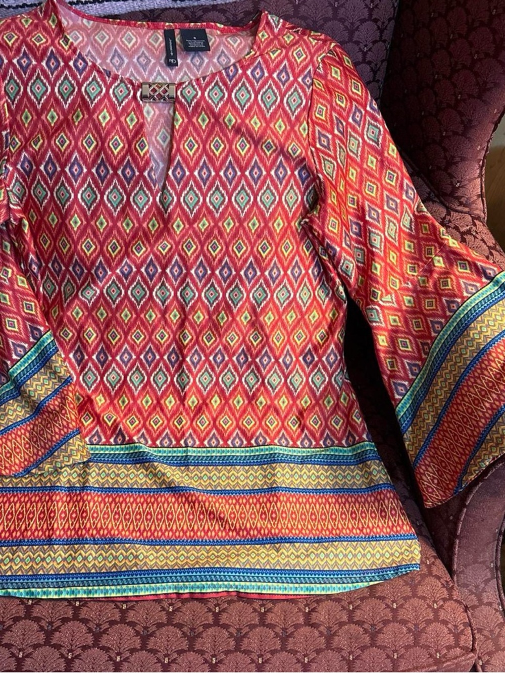 New Directions Red Geometric Border-Print Blouse - Picture 1 of 2